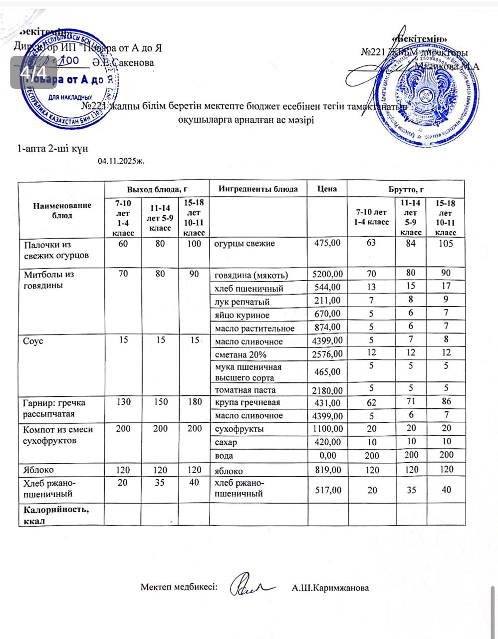 Ас мәзіріндегі тағамдар