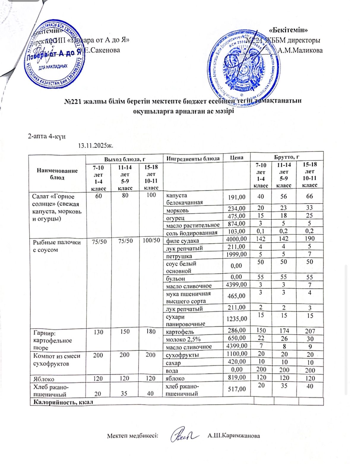 Ас мәзіріндегі тағамдар