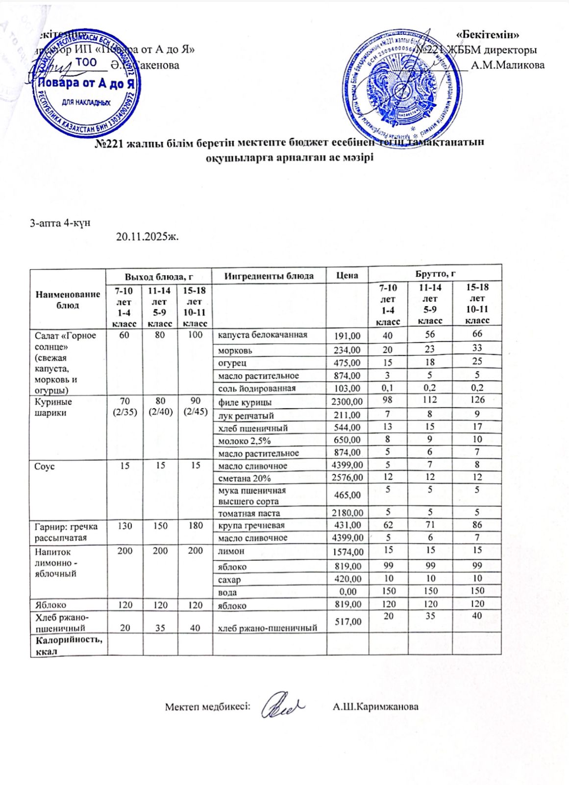 Ас мәзіріндегі тағамдар