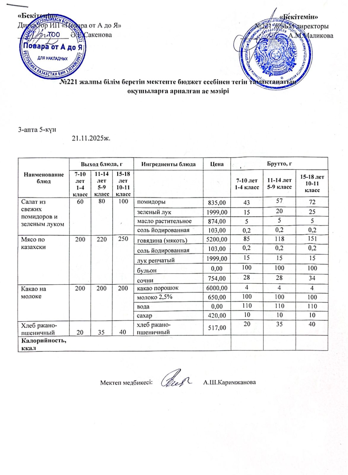 Ас мәзіріндегі тағамдар