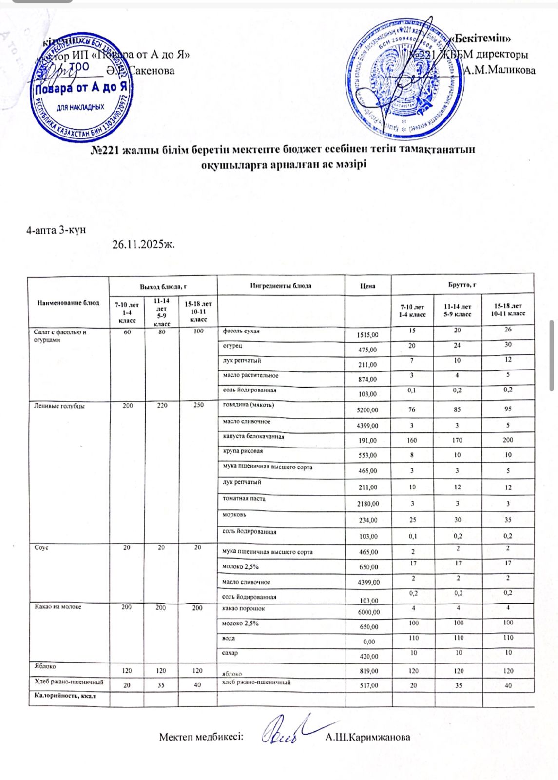Ас мәзіріндегі тағамдар