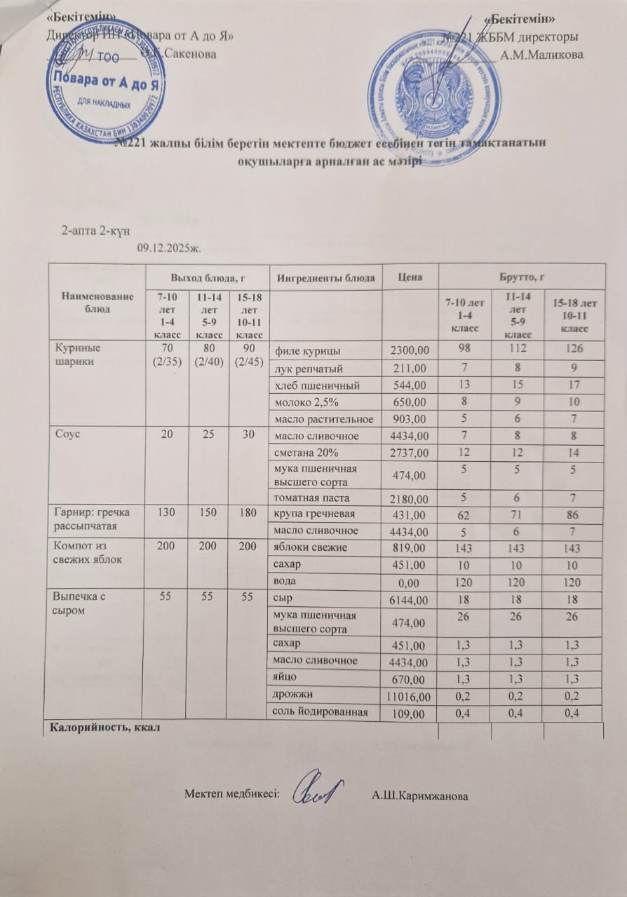 Күнделікті меню 09.12.2025