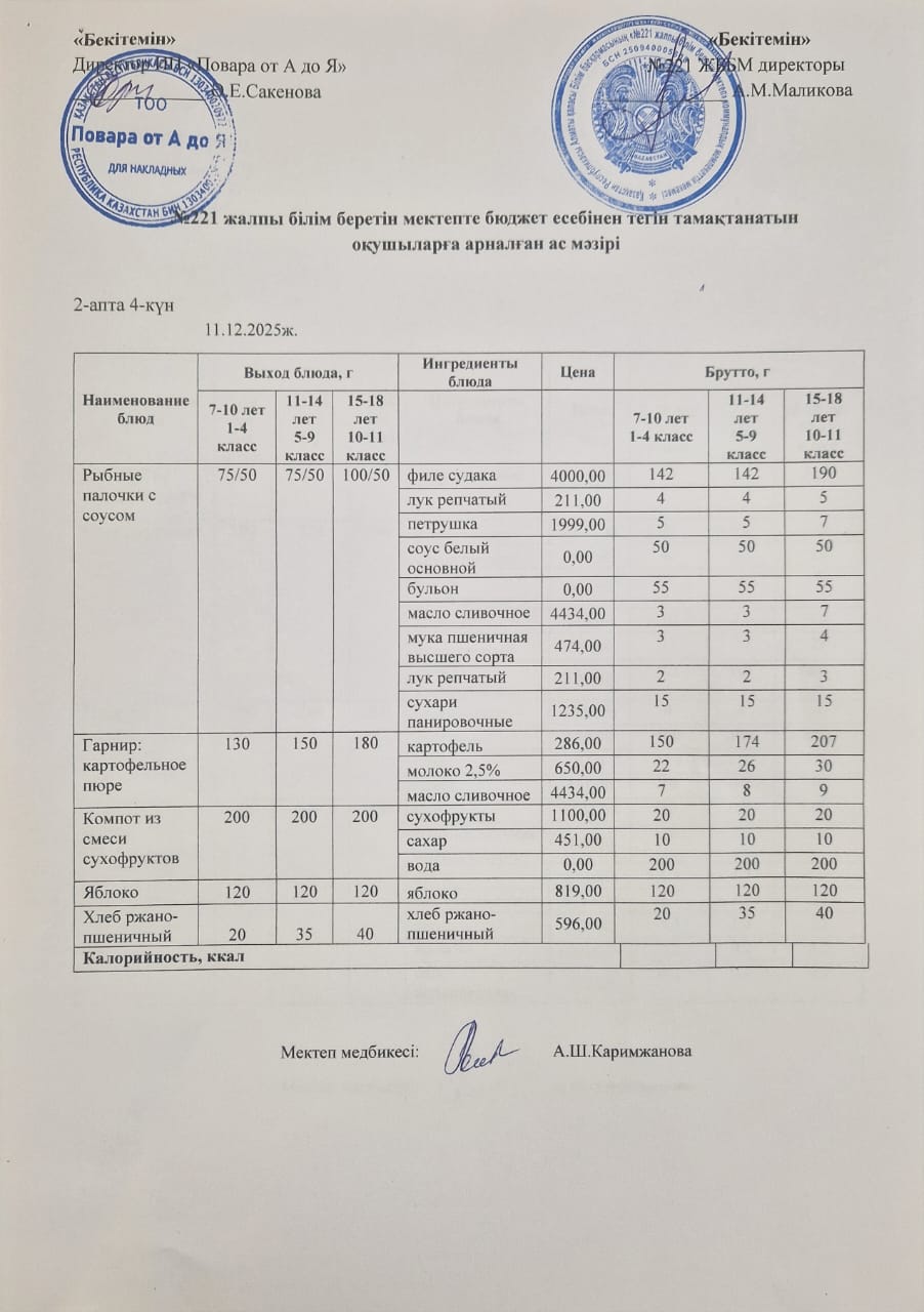 Күнделікті меню 11.12.2025