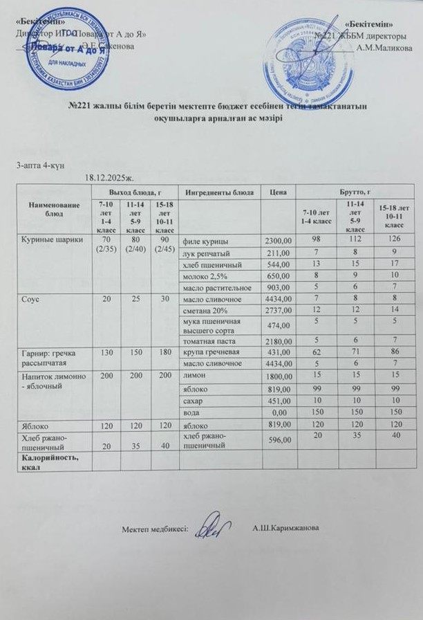 Күнделікті меню 18.12.2025