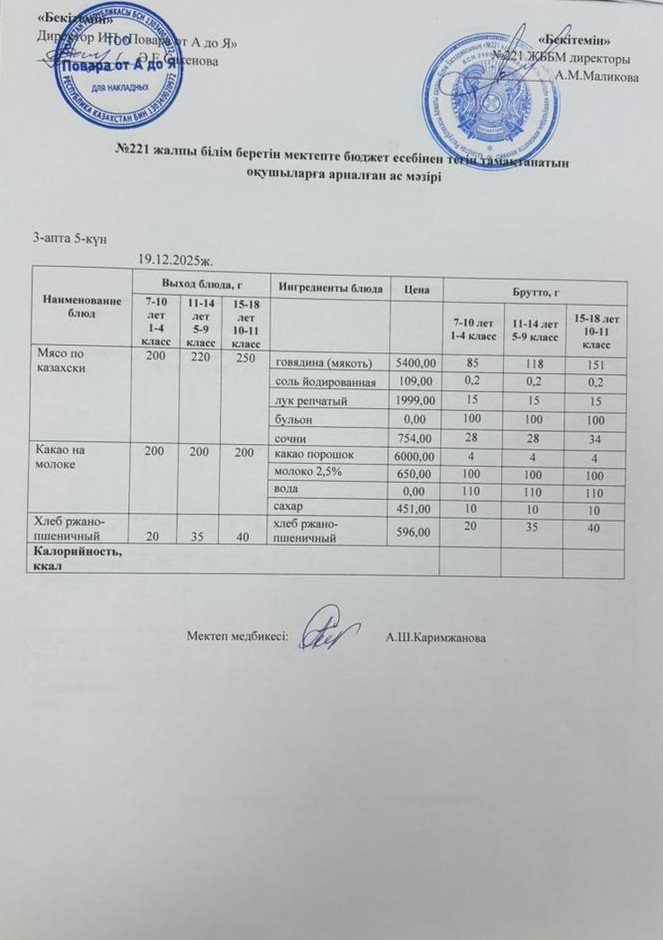 Күнделікті меню 19.12.2025