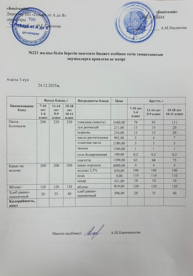 Күнделікті меню 24.12.2025