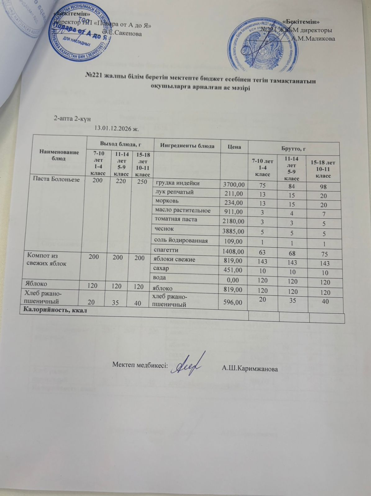 Күнделікті меню 13.01.2026