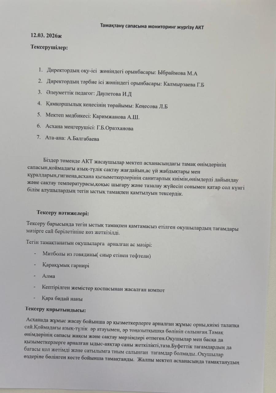 Тамақтың сапасы мен игеруін тексеру АКТ-сі наурыз айы 2026 жыл